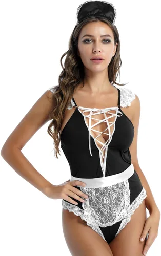 Vista 2 de iiniim Womens Lace Up Criss Cross Lingerie Teddies French Maid Fantasy Cosplay Costume