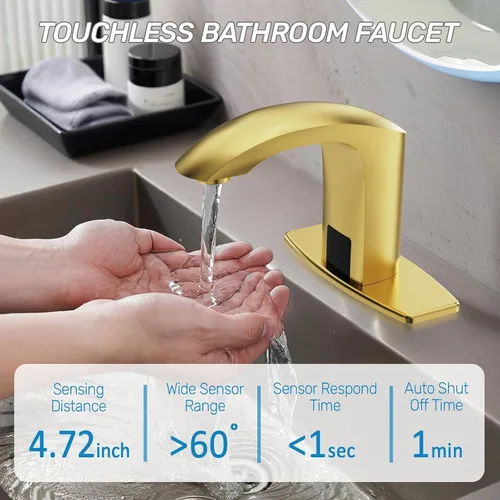 Vista 3 de Grifo de lavabo de baño sin contacto, sensor automático, funciona con pilas para 1 o 3 agujeros, oro cepillado