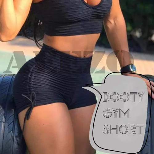 Vista 4 de Shorts sexys para mujer, con fruncido en la cola, para yoga y entrenamiento, talle alto, control del vientre con textura fruncida