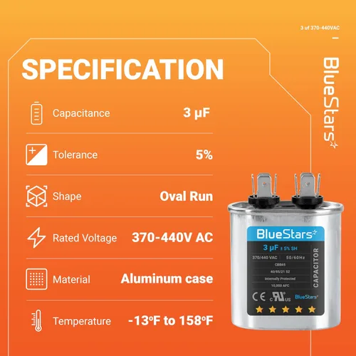 Vista 3 de Blue Stars - Repuesto de condensador de arranque ovalado 3 µF/MFD ± 5% 370/440 VCA 50/60 Hz eléctrico, para aire acond. central, bomba de calor