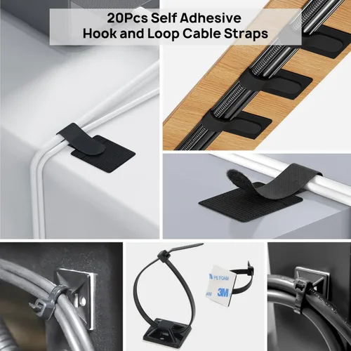 Vista 5 de Kit de organización de cables, 4 fundas para cables, 28 clips autoadhesivos, 29 soportes para cables, 10+2 rollos de correas organizadoras de cables