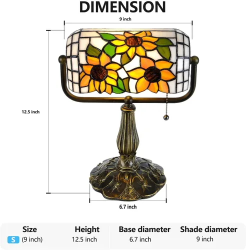 Vista 3 de Tiffany Bankers Lámpara de Escritorio, Luz de Piano de Vidrio Emplomado de Girasol con Bombilla LED, Lámpara de Escritorio Estilo Tiffany Vintage