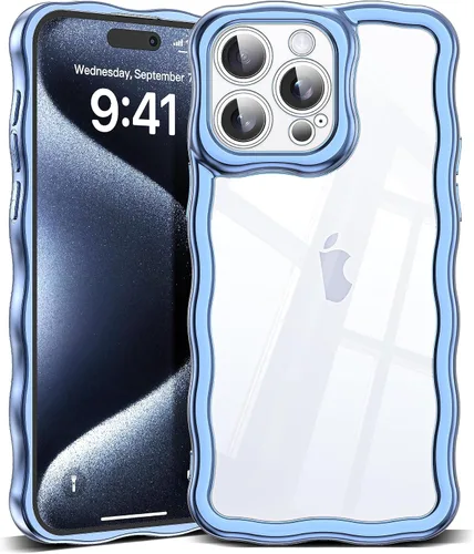 Vista 28 de SKYLMW Funda compatible con iPhone 12 Pro, diseño de ondas rizadas kawaii, borde chapado de lujo, elegante parte trasera transparente brillante, TPU