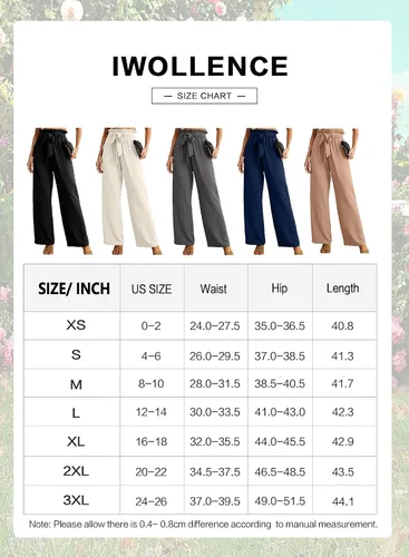 Vista 4 de IWOLLENCE - Pantalones de pierna ancha para mujer con bolsillos, cintura alta, nudo ajustable, holgados, casuales, para trabajo y negocios