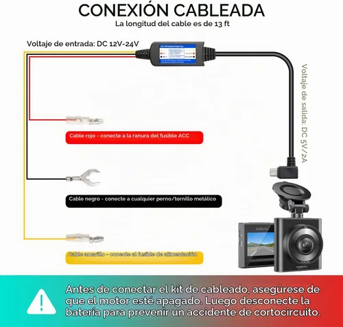 Vista 4 de COOAU Kit de cable duro para cámara de salpicadero, puertos micro USB
