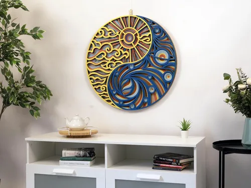Vista 7 de Decoración de pared para el hogar, Yin Yang Corte láser multicapa tallado elegante mandala de madera para colgar, paneles MDF para decoración, obras