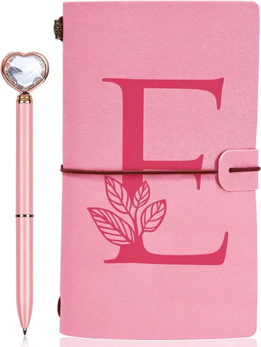 Vista 11 de Diario personalizado para regalo, diario de cuero con inicial rosa + juego de bolígrafo de corazón de diamante, cuaderno de viaje, bloc de notas