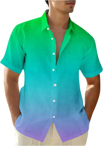 Vista 12 de Camisas con botones para hombre, de moda, de manga corta, color degradado, ajuste holgado, para vacaciones, playa, verano