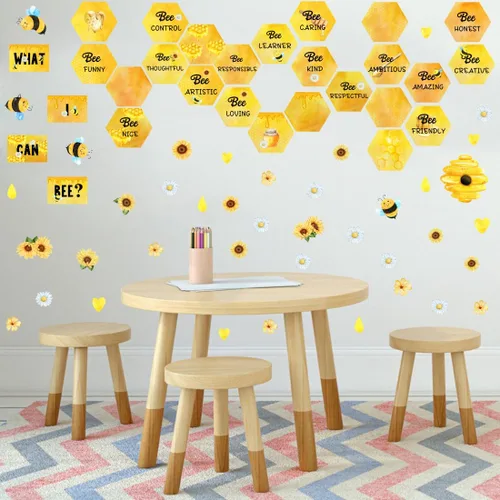 Vista 5 de OLMIXA Calcomanías de pared de miel de abeja de acuarela, cita inspiradora "What I Can Bee", calcomanías de vinilo con frase positiva de verano