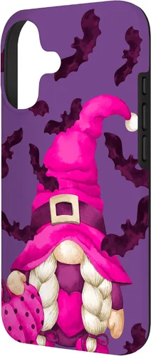 Vista 2 de Halloween Pink Pumpkin and Bat Decor with Cute Witch Gnome Case for iPhone 17