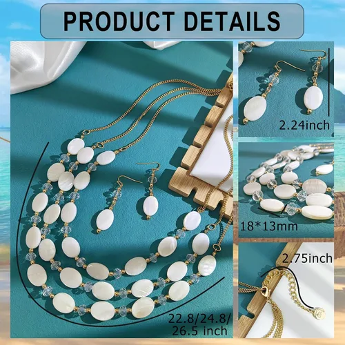 Vista 8 de Firstmeet Juego de collar de cuentas de 3 capas con aretes, cuentas ovaladas de concha de regalo para mujer