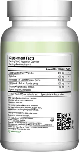 Vista 2 de Suplemento de ajo - Extracto de ajo envejecido Kyolic con espirulina, equinácea y orégano - Apoyo inmunológico y defensa antioxidante - Enzimas