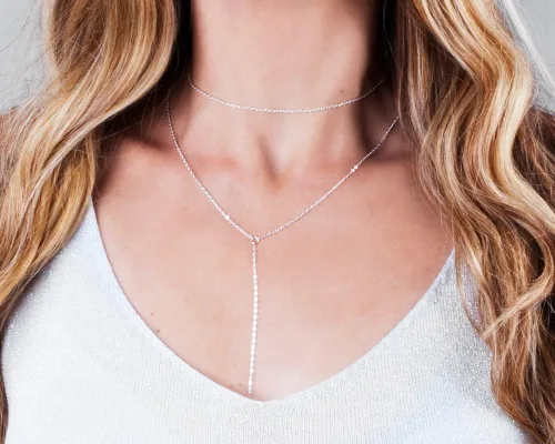 Vista 3 de Cadena de plata de ley Lariat Y – Collar de capas simple de diseñador hecho a mano, longitud 15 pulgadas + 2 pulgadas extensor