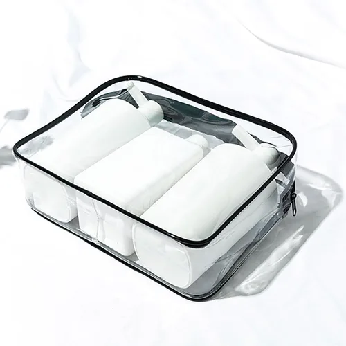 Vista 5 de Paquete de 4 bolsas de almacenamiento de maquillaje transparentes para bolsa de playa, accesorios con ganchos mosquetón, Claro, Bolsa