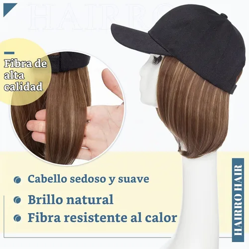 Vista 2 de Hairro Peluca de gorra de béisbol con cabello adjunto, corto estilo Bob ajustable, extensiones de cabello sintético para mujeres, balayage
