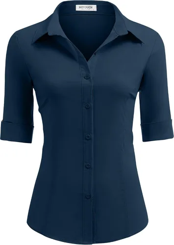 Vista 15 de HOTOUCH Camisas básicas con botones para mujer, manga 3/4, elásticas, con botones, camisa de vestir ajustada para camarera