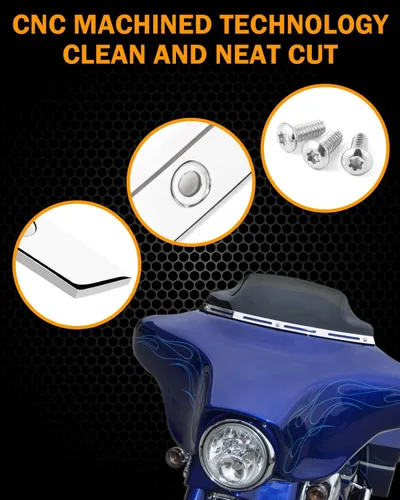 Vista 4 de PBYMT Parabrisa biselada con ranuras pulidas de acero inoxidable en forma de murciélago, cromada, compatible con Harley Tri Electra Street Glide