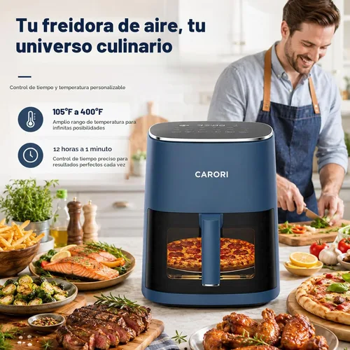 Vista 7 de CARORI Freidora de aire de 6 cuartos de galón con ventana de visión, 12 preajustes, 1700 W, 400 °F máximo, cesta antiadherente grande apta para Azul