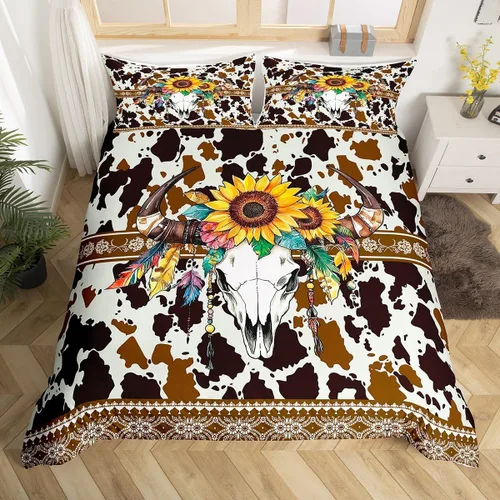 Vista 38 de Erosebridal Funda de edredón de piel de vaca marrón con estampado de vaca de las tierras altas, juego de ropa de cama occidental exótico azteca