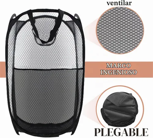 Vista 4 de Cesto de Ropa Plegable Pop Up, Cesta de Ropa de Malla Plegable Extra Grande, 28" x 16" x 16" (Negro)