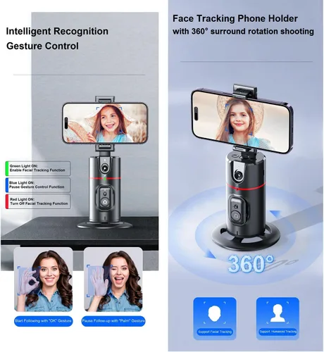 Vista 4 de Trípode de seguimiento facial automático con rotación de 360°, soporte de teléfono de seguimiento automático con control remoto, soporte de teléfono