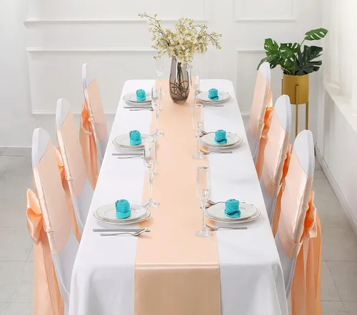 Vista 2 de Horbaunal - Juego de 12 caminos de mesa de satén color melocotón de 12 x 108 pulgadas, caminos de mesa suaves para bodas, banquetes y fiestas
