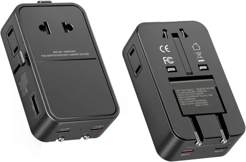 Vista 9 de Adaptador de enchufe de viaje universal, 7 puertos (2 USB-C, 2 USB-A, 3 CA), adaptador de corriente internacional, adaptador de corriente ultrafino