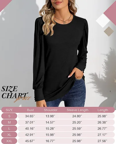 Vista 6 de Riyiper 2 piezas de camisetas de manga larga abombadas para mujer, estilo casual, holgadas, cuello redondo, puños con botón