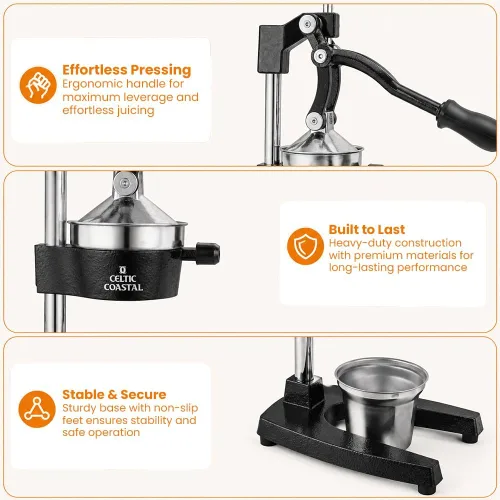 Vista 5 de Exprimidor de hierro fundido – Prensa manual de cítricos resistente Exprimidor de mano para naranja, limón, lima, pomelo y granada Prensa