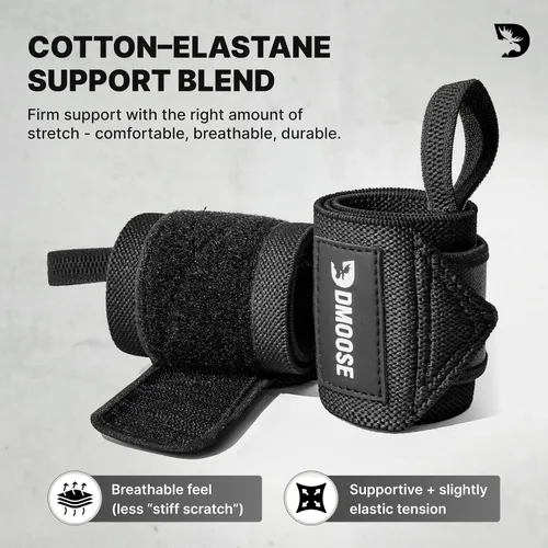 Vista 4 de DMoose Fitness Muñequeras para levantamiento de pesas de 18 pulgadas – Envoltura de gimnasio resistente con lazo para el pulgar para apoyo y alivio