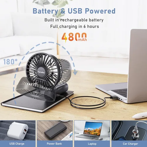 Vista 4 de FARADAY Ventilador de mano personal de 4800 mAh, ventilador de refrigeración de viaje, potentes ventiladores portátiles pequeños, ventilador de mesa