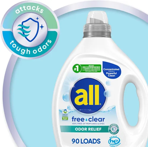 Vista 2 de All - Detergente líquido para ropa, alivio de olores, sin perfume, 80.1 onzas líquidas, 90 cargas
