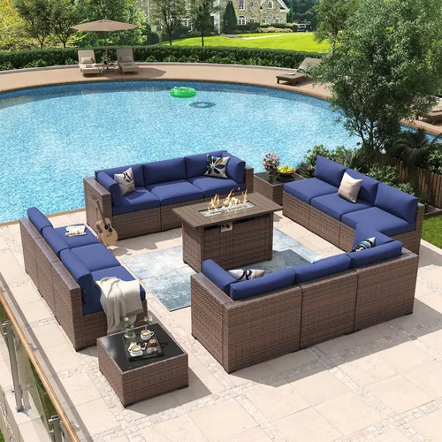 Vista 24 de Aoxun - Juego de 7 piezas de muebles de patio de mimbre de ratán, conjunto de sofá modular para conversación de patio con mesa de café y cojines