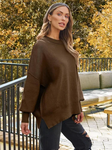 Vista 53 de Lillusory - Suéter extragrande con mangas de murciélago y cuello redondo para mujer, prenda moderna de otoño de tejido de punto sin botones