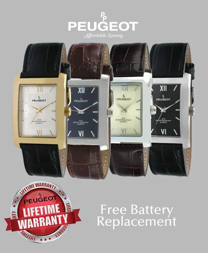 Vista 3 de Peugeot - Reloj de pulsera rectangular con textura de números romanos para hombre, con correa de cuero