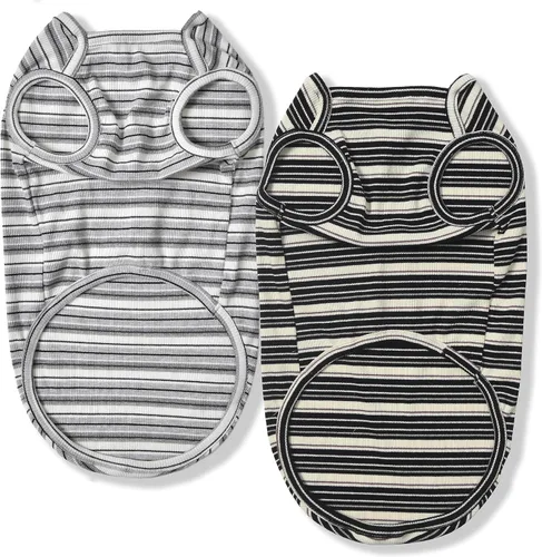 Vista 12 de Camisas para perros, chaleco de algodón a rayas, ropa elástica sin mangas para perros pequeños, paquete de 2 camisetas suaves y transpirables
