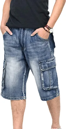 Vista 4 de Pantalones cortos de mezclilla estilo hip hop para hombre, estilo casual, holgados, pantalones de trabajo con bolsillos