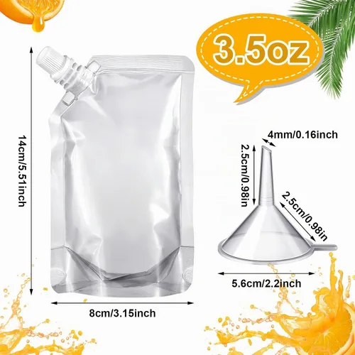 Vista 2 de 100 bolsas de plástico reutilizables a granel, bolsas de plástico transparente a prueba de fugas para jugos con embudo para suministros de fiesta