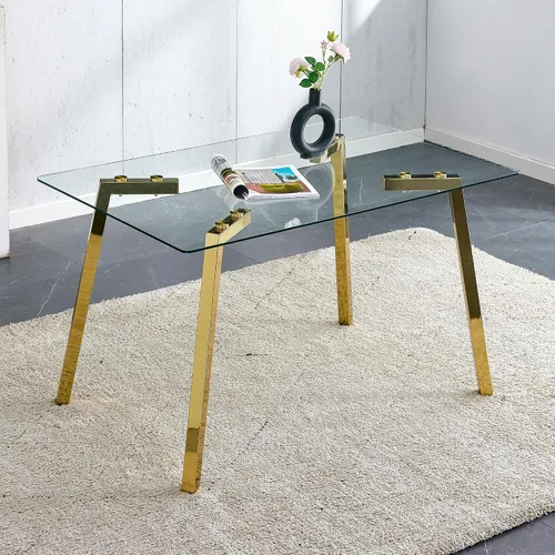 Vista 6 de Mesa de comedor rectangular de vidrio templado, 51 pulgadas de ancho, mesa de cocina moderna de mediados de siglo, mesa de comedor con 4 patas