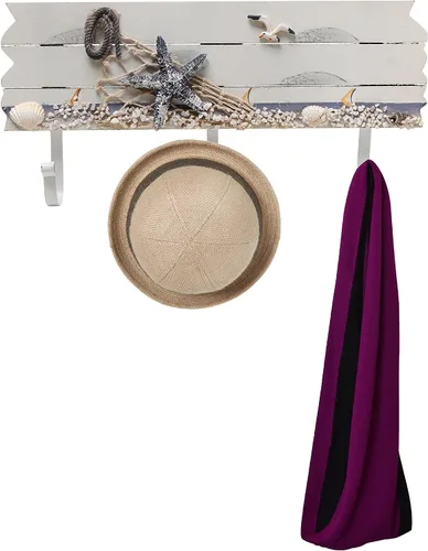 Vista 4 de Perchero de madera con 3 ganchos de metal con diseño de mar y playa, con estrellas de mar, gaviotas y conchas de mar