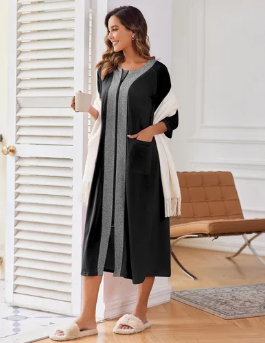 Vista 3 de EKOUAER - Bata de manga media para mujer, con cierre, ropa de descanso, largo completo, con bolsillos, talla S-XXL