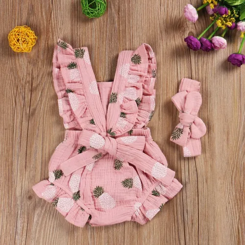 Vista 3 de ClickMeForMoreProducts Mameluco con volantes para niña recién nacida con diadema, ropa de verano