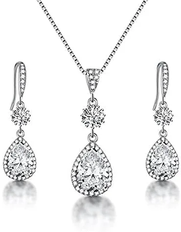 Vista 2 de Conjunto de joyería para boda, aretes de lagrima y collar con dije de circonio cúbico