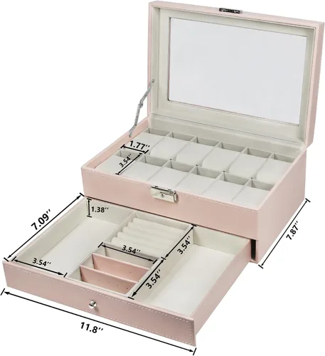 Vista 7 de Ogrmar Cajas de almacenamiento de relojes de piel sintética con 12 ranuras, para hombres y mujeres, estuche organizador de 2 niveles con tapa