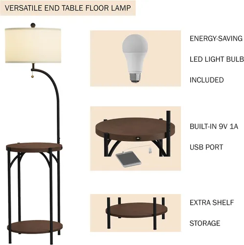 Vista 2 de Lámpara de pie con mesa auxiliar, estantes laterales rústicos modernos con puerto de carga USB, bombilla LED y pantalla en forma de tambor, luces