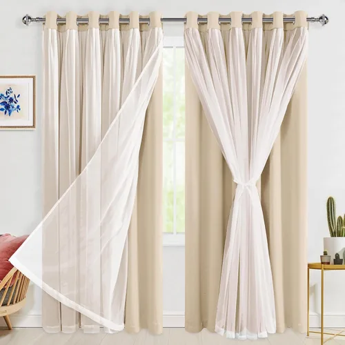 Vista 45 de Hiasan Cortinas opacas con superposición transparente, aislamiento térmico para mezclar y combinar de doble capa, cortinas de oscurecimiento de Beige