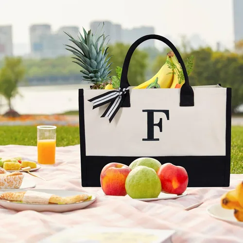 Vista 203 de TOPDesign Personalized Initial Canvas Beach Bag, Monogrammed Gift Tote Bag for Women