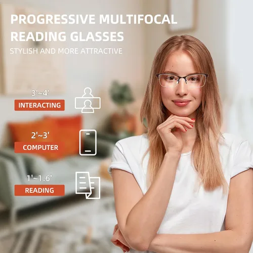 Vista 2 de Paquete de 3 lentes de lectura progresivos para mujer, con estilo de medio marco de metal, antirrayos UV, fatiga ocular/deslumbramiento