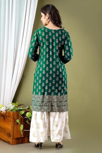 Vista 3 de Chandrakala Túnica étnica india de algodón con estampado de lámina dorada para mujer Kurti Kurta (K163-P)