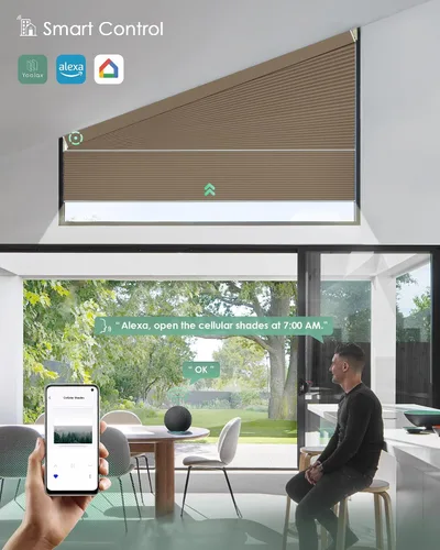 Vista 2 de Yoolax Persianas celulares inteligentes, persianas trapezoidales motorizadas derechas, persianas motorizadas con control remoto compatibles
